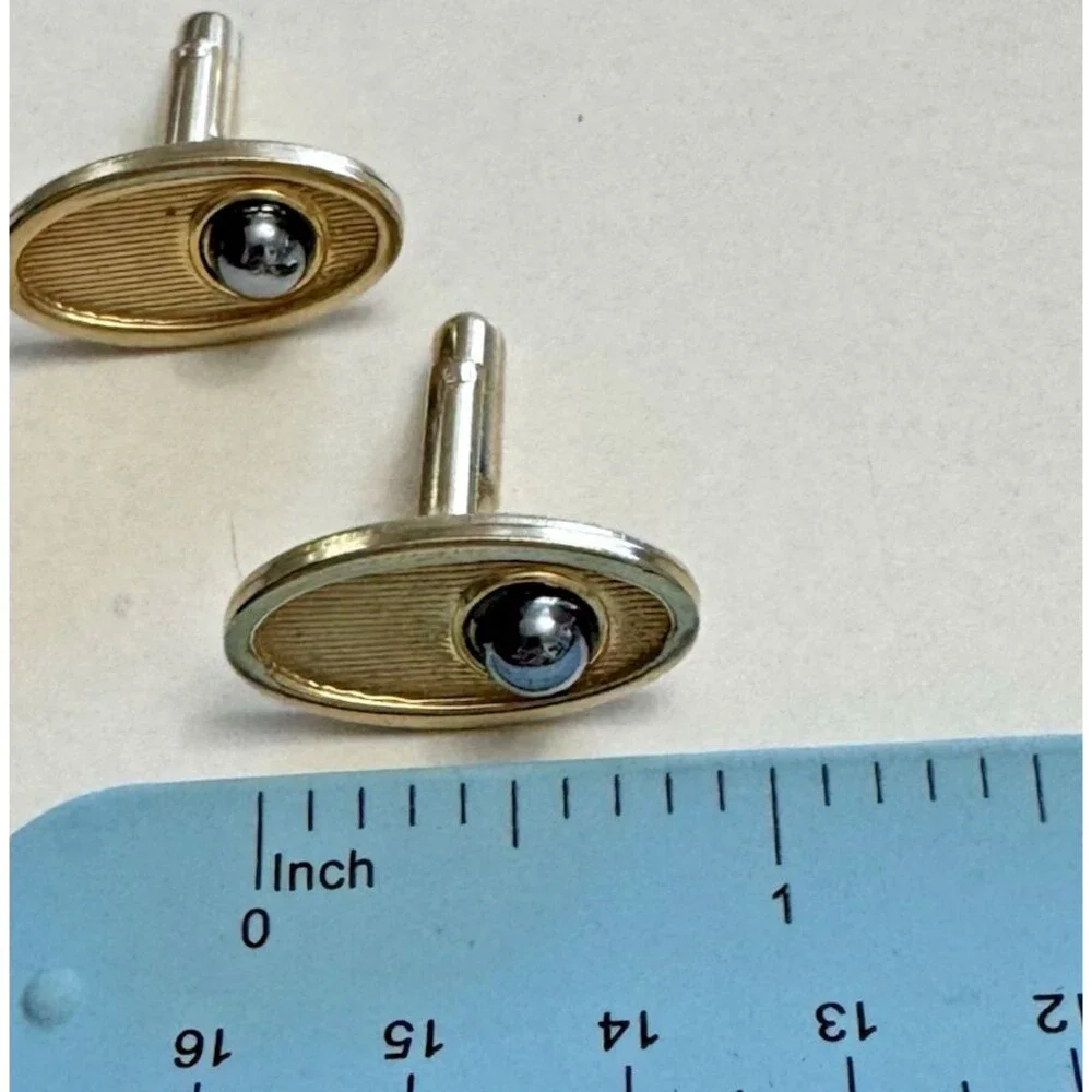Signed Shields Vintage Gold Tone Cufflinks and Tie Bar Set with Black Onyx Accen